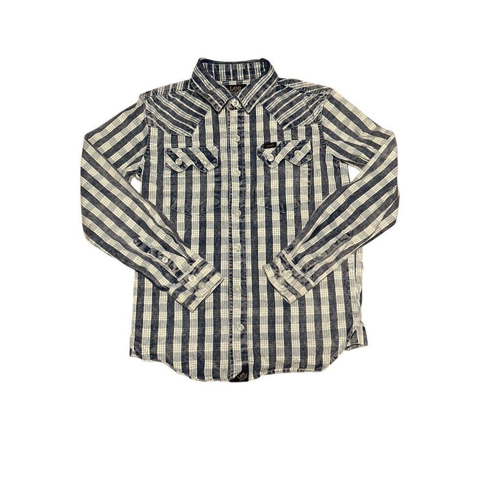 Lee Boys Plaid Button Up Shirt Blue White Long Sleeve Western Cotton Size Small